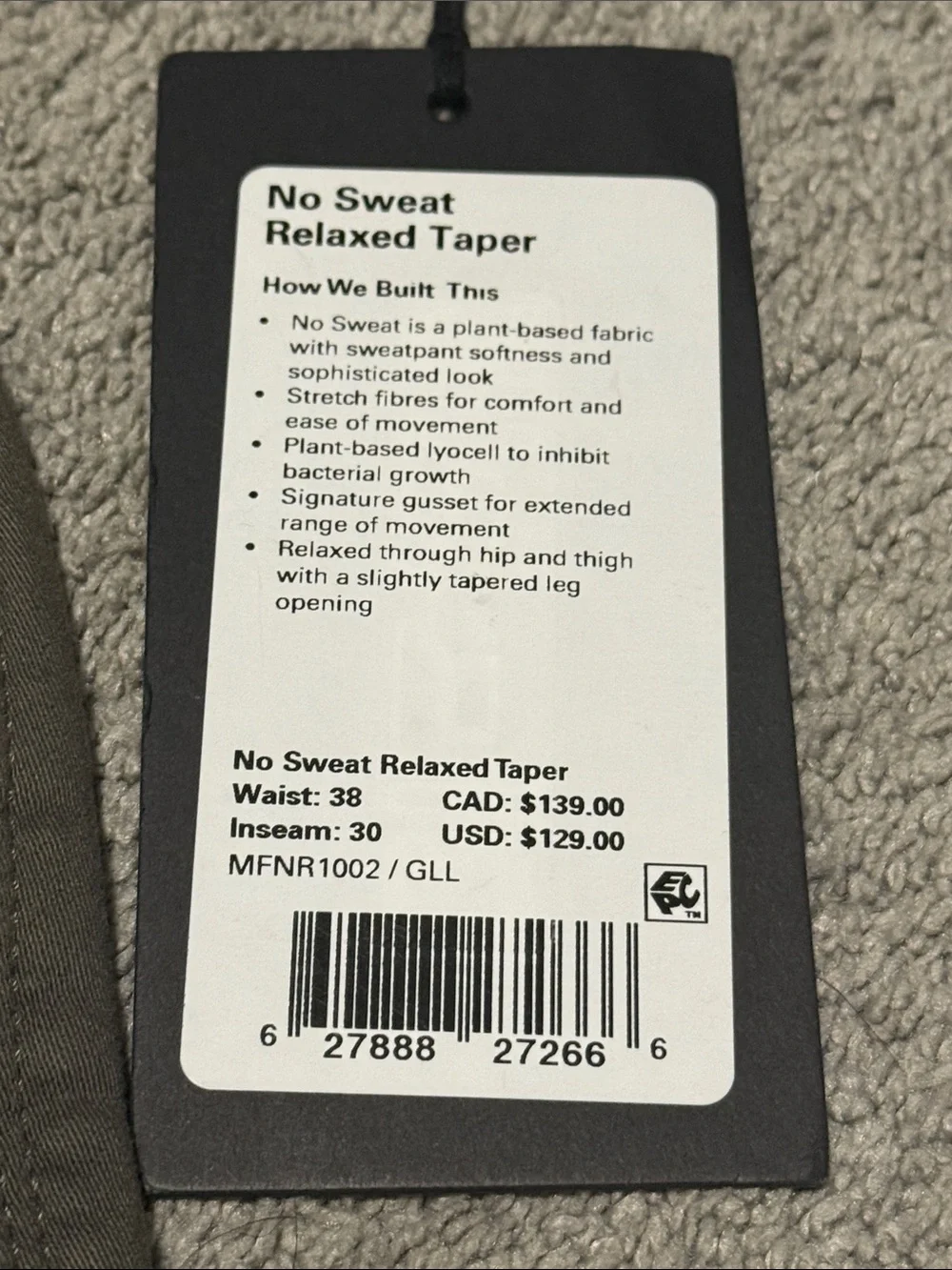 New DU/ER No Sweat Relaxed Taper Pants Size 38x30 Gull Grey